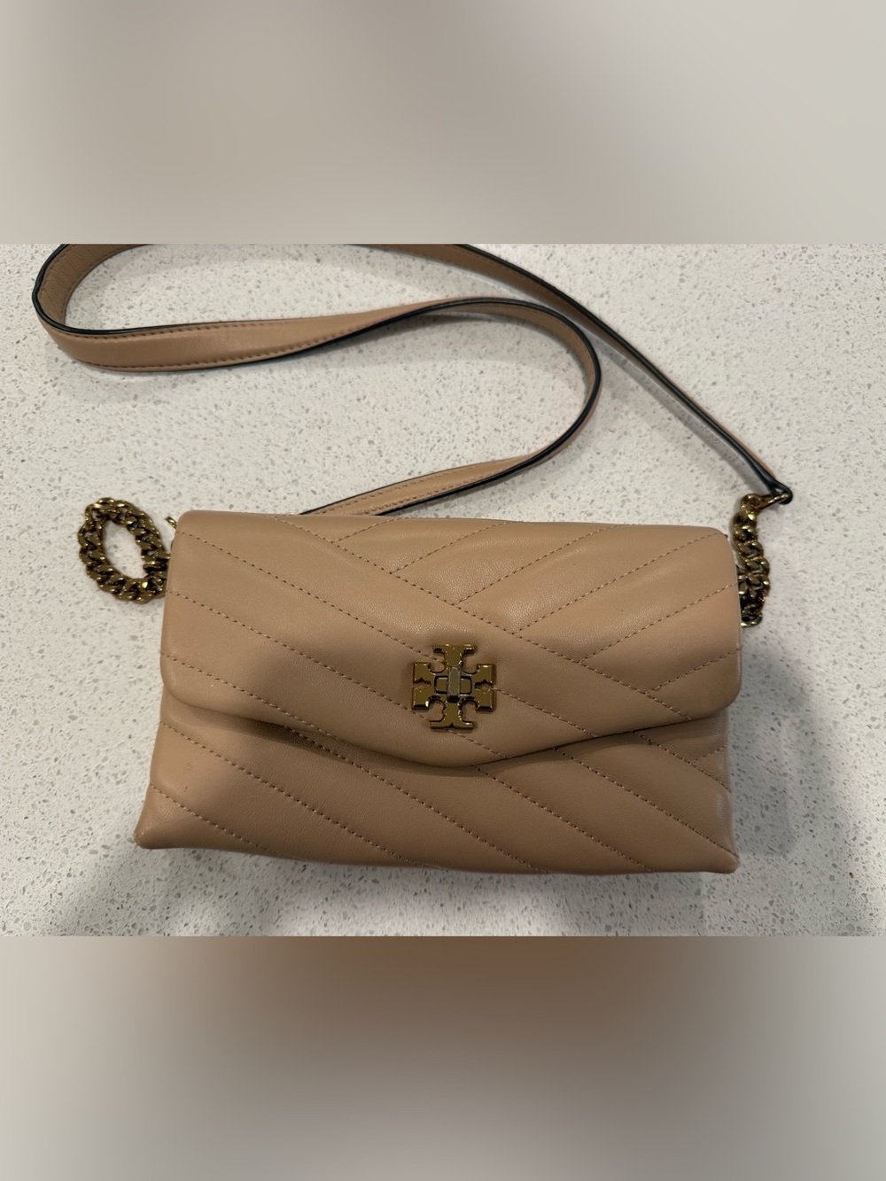 Tory Burch Quilted Tan Beige Crossbody Bag with Gold Logo